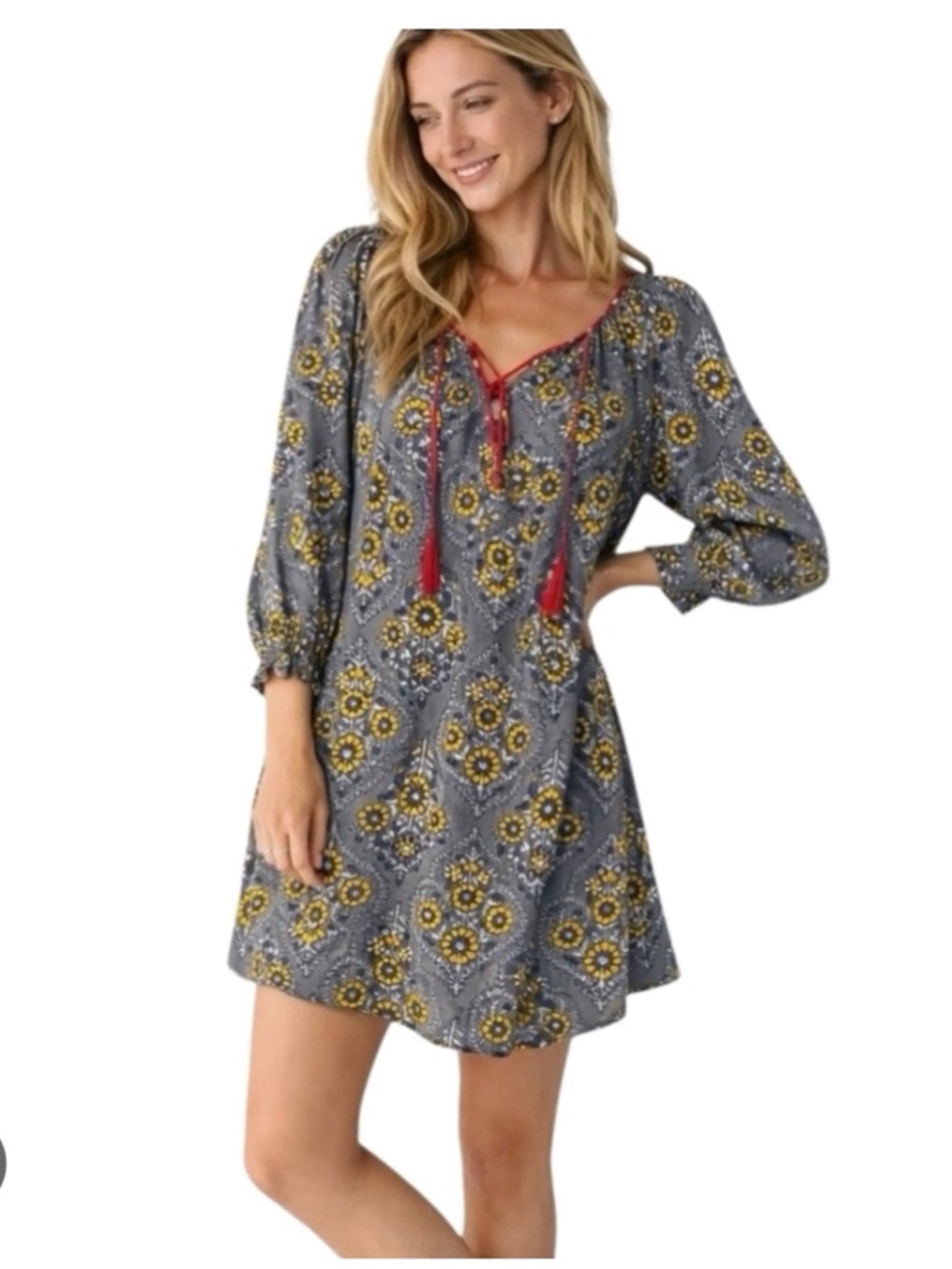 Natural Life April Dress Size XS Gray Yellow Floral Rayon Boho Tie Neck Mini